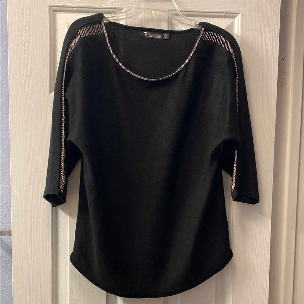 Black Boxy 3/4 Sleeve Blouse w/ Silver Trim